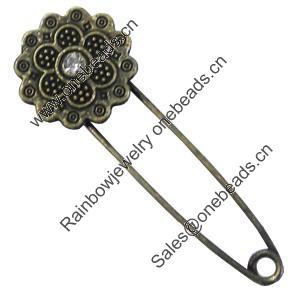 Zinc alloy brooch with crystal, Fashion jewelry, Lead-free Flower, Length: about 55mm, Head size:20mm, Sold by PC