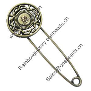 Zinc alloy brooch with crystal, Fashion jewelry, Lead-free Flat Round, Length: about 55mm, Head size:20mm, Sold by PC