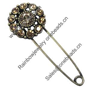 Zinc alloy brooch with crystal, Fashion jewelry, Lead-free Flat Round, Length: about 55mm, Head size:20mm, Sold by PC