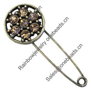 Zinc alloy brooch with crystal, Fashion jewelry, Lead-free Flat Round, Length: about 55mm, Head size:20mm, Sold by PC