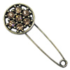 Zinc alloy brooch with crystal, Fashion jewelry, Lead-free Flat Round, Length: about 55mm, Head size:20mm, Sold by PC