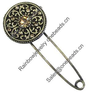 Zinc alloy brooch with crystal, Fashion jewelry, Lead-free Flat Round, Length: about 55mm, Head size:22mm, Sold by PC