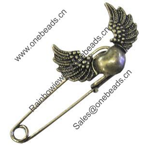 Zinc alloy brooch, Fashion jewelry, Lead-free, Length: about 55mm, Head size:35x25mm, Sold by PC
