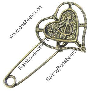 Zinc alloy brooch, Fashion jewelry, Lead-free, Length: about 55mm, Head size:29x29mm, Sold by PC