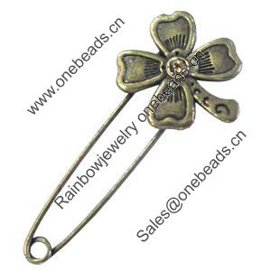 Zinc alloy brooch with crystal, Fashion jewelry, Lead-free, Length: about 55mm, Head size:25x23mm, Sold by PC