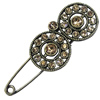 Zinc alloy brooch with crystal, Fashion jewelry, Lead-free, Length: about 55mm, Head size:21x42mm, Sold by PC