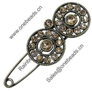 Zinc alloy brooch with crystal, Fashion jewelry, Lead-free, Length: about 55mm, Head size:21x42mm, Sold by PC