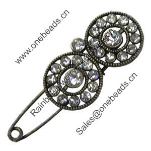 Zinc alloy brooch with crystal, Fashion jewelry, Lead-free, Length: about 55mm, Head size:21x42mm, Sold by PC