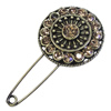 Zinc alloy brooch with crystal, Fashion jewelry, Lead-free, Length: about 55mm, Head size:33mm, Sold by PC