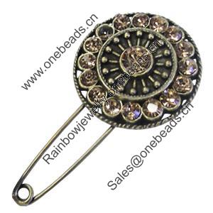 Zinc alloy brooch with crystal, Fashion jewelry, Lead-free, Length: about 55mm, Head size:33mm, Sold by PC