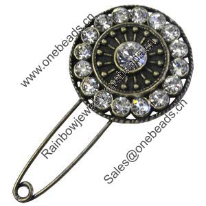 Zinc alloy brooch with crystal, Fashion jewelry, Lead-free, Length: about 55mm, Head size:33mm, Sold by PC