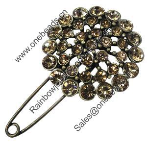 Zinc alloy brooch with crystal, Fashion jewelry, Lead-free, Length: about 55mm, Head size:37mm, Sold by PC