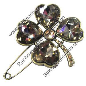 Zinc alloy brooch with crystal, Fashion jewelry, Lead-free, Length: about 55mm, Head size:46x53mm, Sold by PC