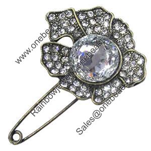Zinc alloy brooch with crystal, Fashion jewelry, Lead-free, Length: about 55mm, Head size:45x35mm, Sold by PC