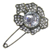 Zinc alloy brooch with crystal, Fashion jewelry, Lead-free, Length: about 55mm, Head size:45x35mm, Sold by PC