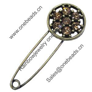 Zinc alloy brooch with crystal, Fashion jewelry, Lead-free, Length: about 55mm, Head size:22mm, Sold by PC