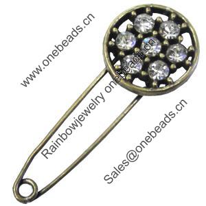 Zinc alloy brooch with crystal, Fashion jewelry, Lead-free, Length: about 55mm, Head size:22mm, Sold by PC