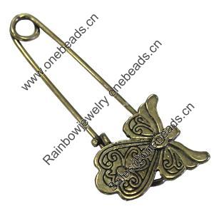 Zinc alloy brooch, Fashion jewelry, Lead-free, Length: about 55mm, Head size:21x18mm, Sold by PC