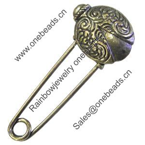 Zinc alloy brooch, Fashion jewelry, Lead-free, Length: about 55mm, Head size:22x17mm, Sold by PC