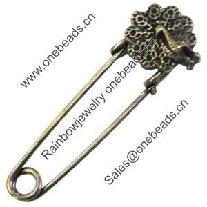 Zinc alloy brooch, Fashion jewelry, Lead-free, Length: about 55mm, Head size:17x14mm, Sold by PC