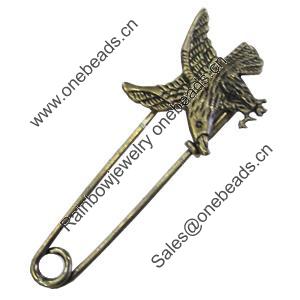 Zinc alloy brooch, Fashion jewelry, Lead-free, Length: about 55mm, Head size:21x29mm, Sold by PC