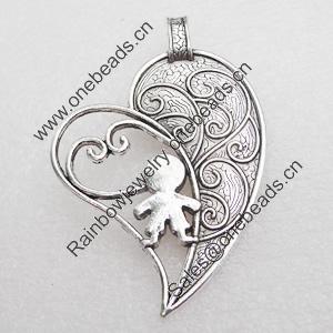 Pendant/Charm, Zinc Alloy Jewelry Findings, Lead-free, Heart 44x58mm, Sold by Bag
