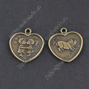 Pendant/Charm, Zinc Alloy Jewelry Findings, Lead-free,Heart 18mm，Sold by Bag