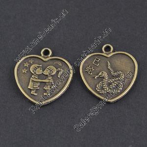 Pendant/Charm, Zinc Alloy Jewelry Findings, Lead-free,Heart 18mm，Sold by Bag