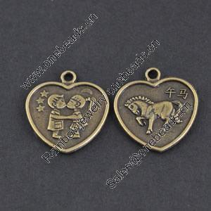 Pendant/Charm, Zinc Alloy Jewelry Findings, Lead-free,Heart 18mm，Sold by Bag