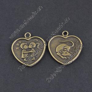 Pendant/Charm, Zinc Alloy Jewelry Findings, Lead-free,Heart 18mm，Sold by Bag