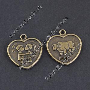 Pendant/Charm, Zinc Alloy Jewelry Findings, Lead-free,Heart 18mm，Sold by Bag