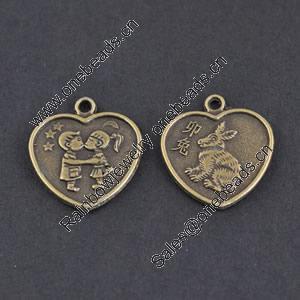 Pendant/Charm, Zinc Alloy Jewelry Findings, Lead-free,Heart 18mm，Sold by Bag