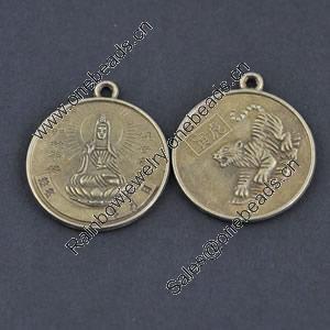 Pendant/Charm, Zinc Alloy Jewelry Findings, Lead-free, Flat Round 25mm，Sold by Bag