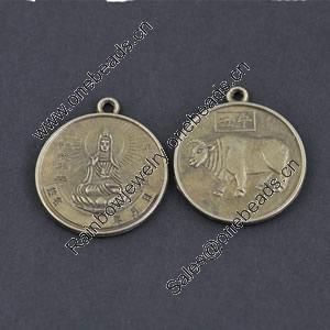 Pendant/Charm, Zinc Alloy Jewelry Findings, Lead-free, Flat Round 25mm，Sold by Bag