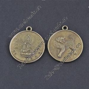 Pendant/Charm, Zinc Alloy Jewelry Findings, Lead-free, Flat Round 25mm，Sold by Bag