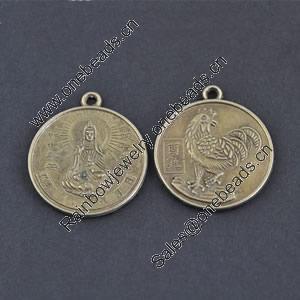 Pendant/Charm, Zinc Alloy Jewelry Findings, Lead-free, Flat Round 25mm，Sold by Bag