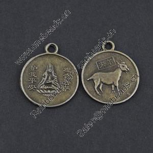 Pendant/Charm, Zinc Alloy Jewelry Findings, Lead-free, Flat Round 22x27mm，Sold by Bag