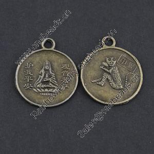 Pendant/Charm, Zinc Alloy Jewelry Findings, Lead-free, Flat Round 22x27mm，Sold by Bag