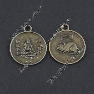 Pendant/Charm, Zinc Alloy Jewelry Findings, Lead-free, Flat Round 22x27mm，Sold by Bag