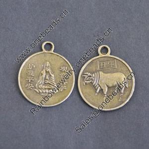 Pendant/Charm, Zinc Alloy Jewelry Findings, Lead-free, Flat Round 22x27mm，Sold by Bag