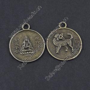 Pendant/Charm, Zinc Alloy Jewelry Findings, Lead-free, Flat Round 22x27mm，Sold by Bag