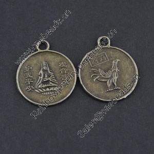 Pendant/Charm, Zinc Alloy Jewelry Findings, Lead-free, Flat Round 22x27mm，Sold by Bag