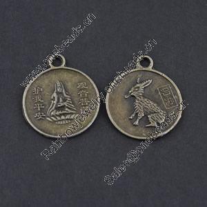 Pendant/Charm, Zinc Alloy Jewelry Findings, Lead-free, Flat Round 22x27mm，Sold by Bag