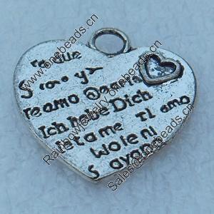 Pendant/Charm, Fashion Zinc Alloy Jewelry Findings, Lead-free, Heart 21x19mm, Sold by Bag