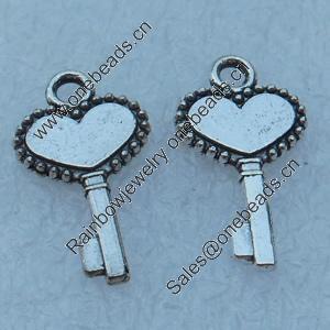 Pendant/Charm, Fashion Zinc Alloy Jewelry Findings, Lead-free, Key 17x10mm, Sold by Bag