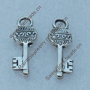 Pendant/Charm, Fashion Zinc Alloy Jewelry Findings, Lead-free, Key 25x17mm, Sold by Bag