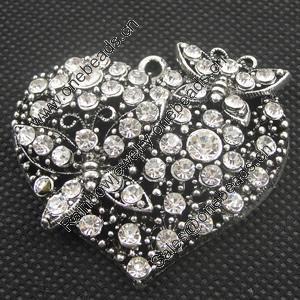 Zinc Alloy Pendant With Crystal Beads. Fashion Jewelry Findings. Lead-free. Heart 45x50mm Sold by PC