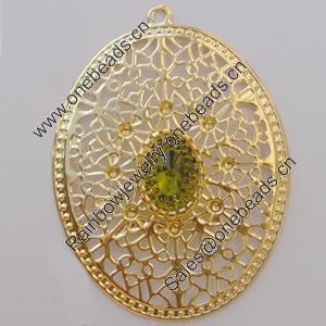 Iron Pendant With Crystal Beads. Fashion Jewelry findings. Lead-free. Flat oval 63x46mm Sold by Bag