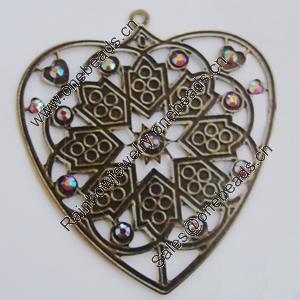 Iron Pendant With Crystal Beads. Fashion Jewelry findings. Lead-free. Heart 66x60mm Sold by Bag