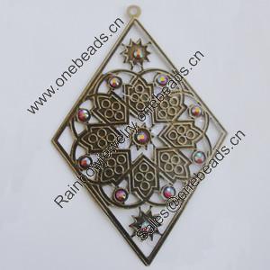 Iron Pendant With Crystal Beads. Fashion Jewelry findings. Lead-free. Diamond 90x60mm Sold by Bag